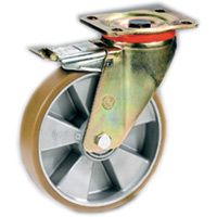 Ρόδα από χυτό πολυουρεθάνιο TR σε αλουμινένιο πυρήνα με περιστρεφόμενο στήριγμα, με φρένο, 656602.