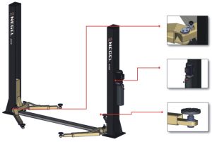 4 ton 3 Phase Solid Negel Jack Electro-hydraulic 2-post lift, floor plate + 4*100 mm Adapters