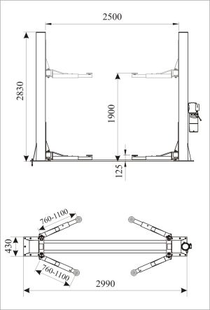 4 ton 3 Phase Solid Negel Jack Electro-hydraulic 2-post lift, floor plate + 4*100 mm Adapters
