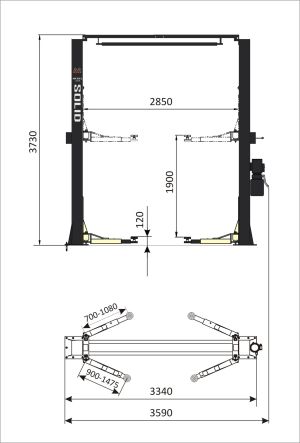 4 ton Electro-hydraulic 2-post lift, clear floor L-2140 + 4*85 mm Adapters 1 Phase